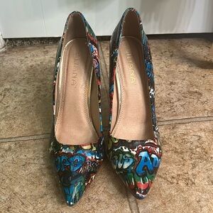 Graffiti Print Closed Toe Heels